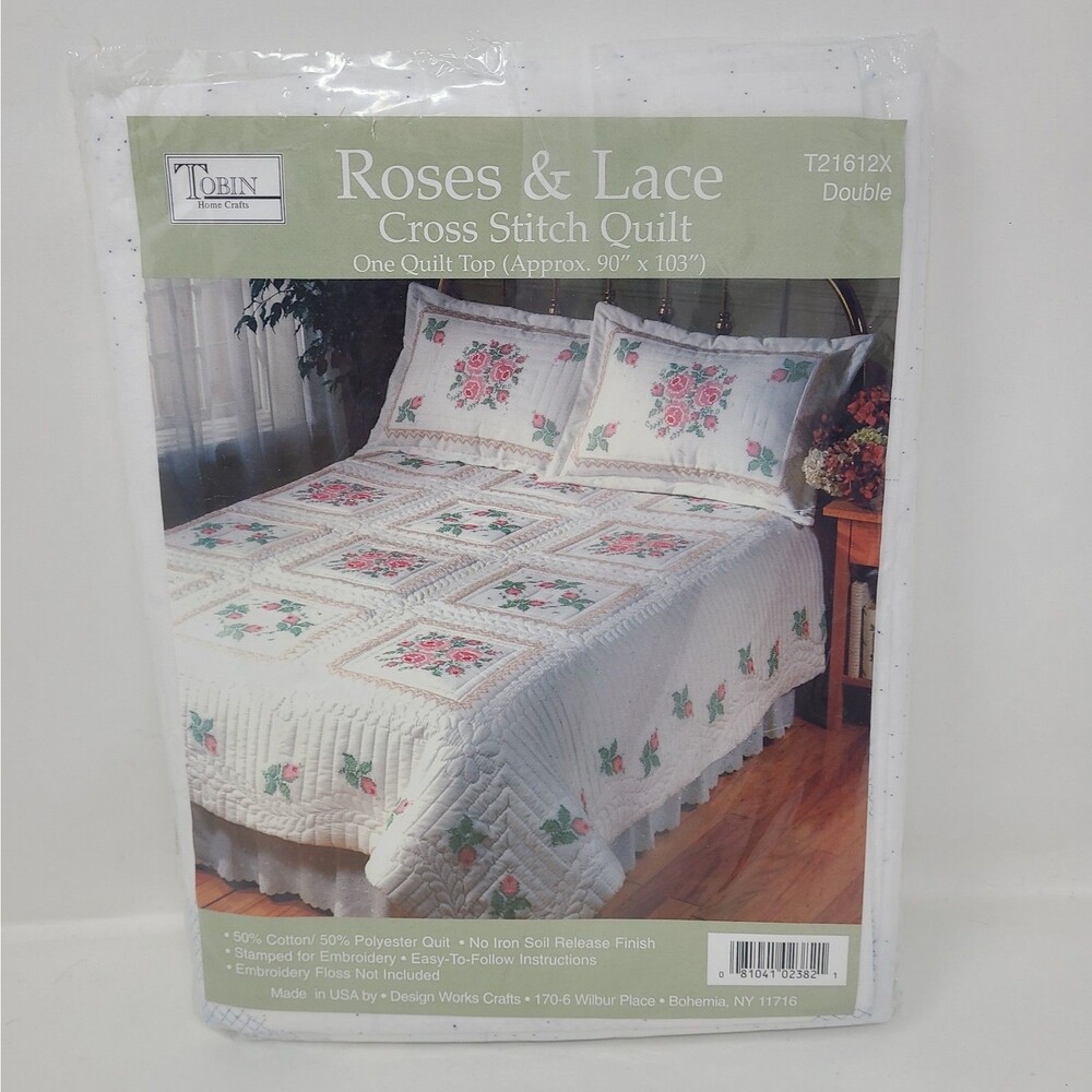 Vintage Tobin Home Fashions Quilt Top Roses And Lace Cross Stitch 90x103" King